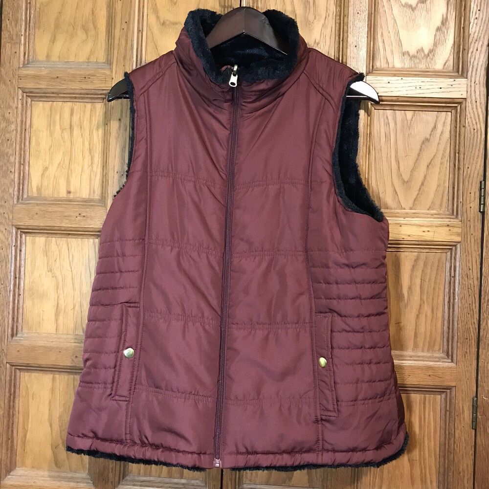 KC Collections Women’s XL Burgundy & Black Reversible Quilted Vest Faux Fur Zip